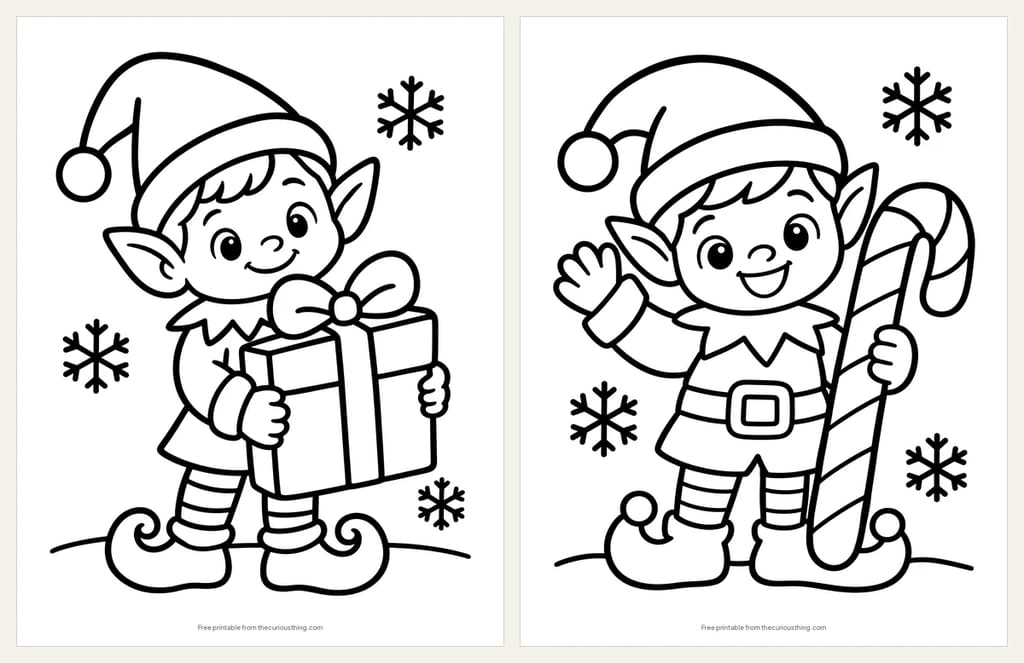 Two easy elf coloring pages: an elf holding a big present, and an elf waving with a giant candy cane