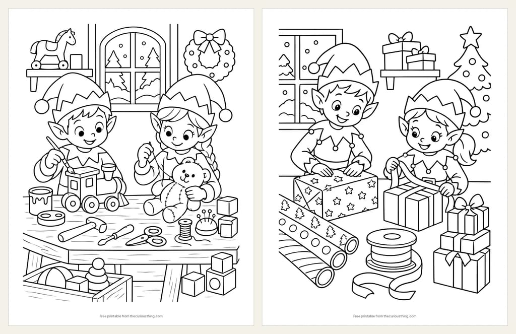 Two elf coloring pages: two elves painting a toy train and sewing a teddy bear, and two elves wrapping presents with ribbon