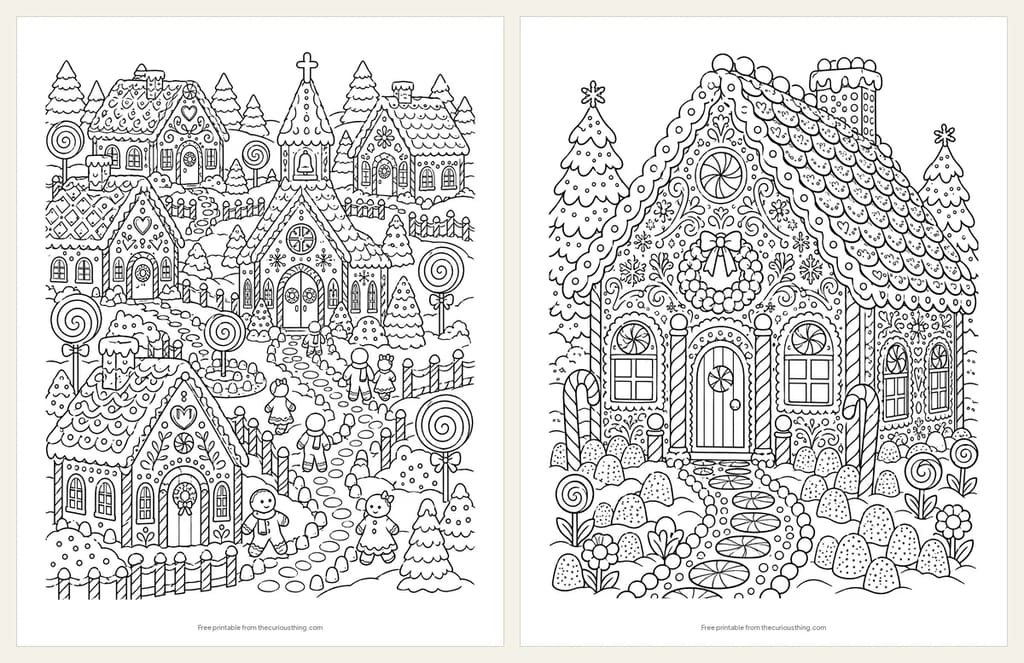 Two detailed gingerbread coloring pages: a whole gingerbread village with a church and lollipop trees, and a large gingerbread house covered in icing patterns