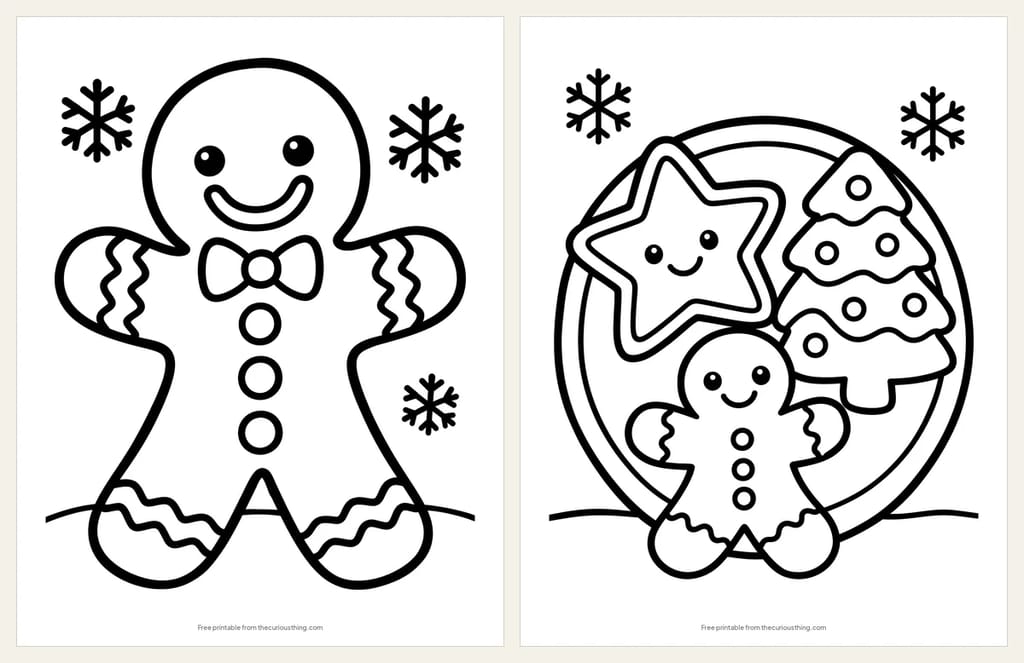 Two easy gingerbread coloring pages: a gingerbread man with icing buttons and a bow tie, and a plate of three Christmas cookies