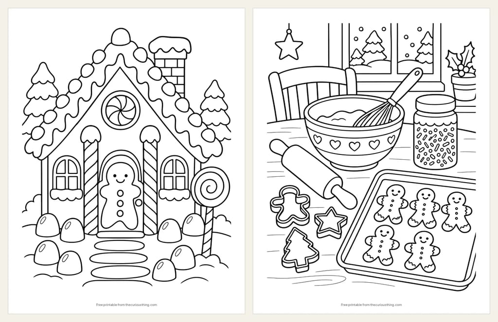Two gingerbread coloring pages: a gingerbread house with candy canes and gumdrops, and a baking table with a rolling pin, cutters and a tray of gingerbread men