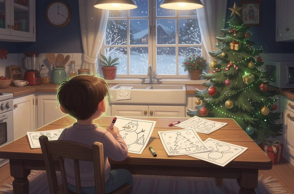 A child seen from behind at a wooden kitchen table coloring a printed snowman coloring page with a crayon, more Christmas coloring pages on the table, a decorated tree beside a snowy window