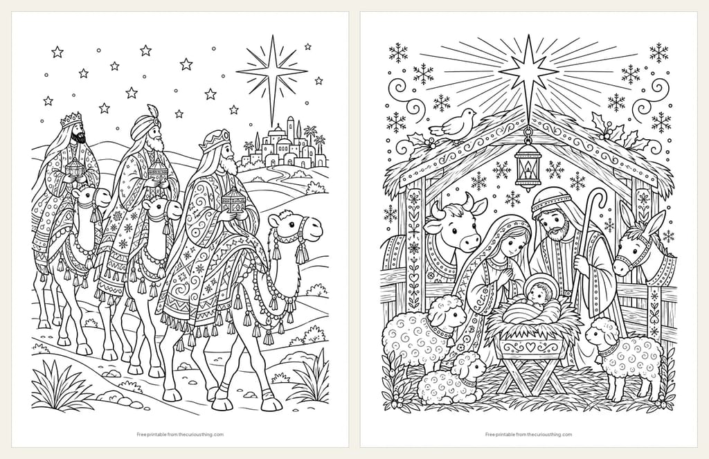 Two detailed nativity coloring pages: three wise men on camels following the star, and a detailed stable scene with a lantern and animals
