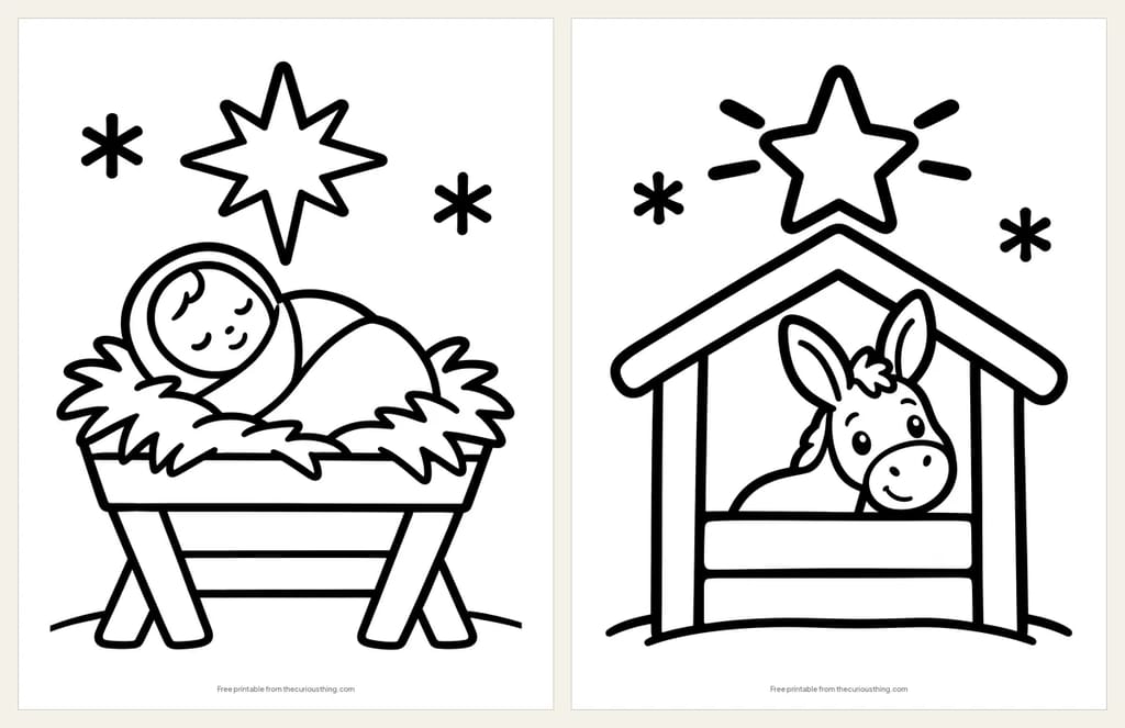 Two easy nativity coloring pages: a baby asleep in a manger under a star, and a little stable with a donkey under a shining star