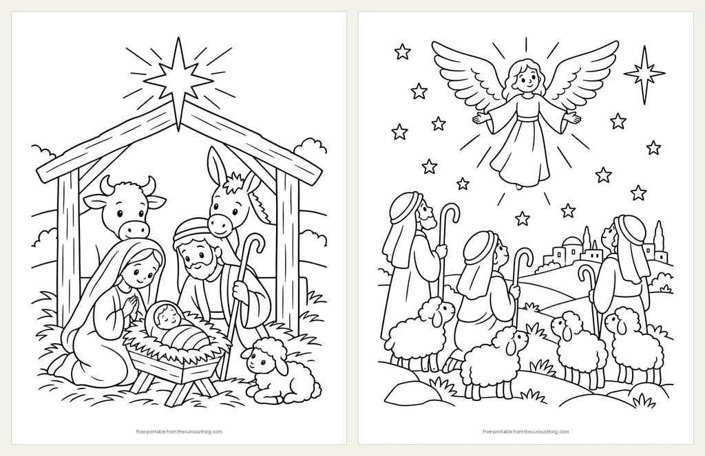 Two nativity coloring pages: Mary, Joseph and baby Jesus in the stable with an ox and a donkey, and shepherds with sheep looking up at an angel