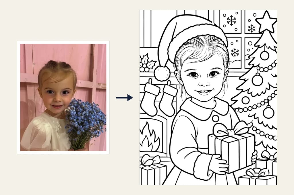 A photo of a smiling little girl holding blue flowers, and beside it the coloring page made from it: the same girl in a Santa hat holding a present in front of a decorated tree and a fireplace with stockings