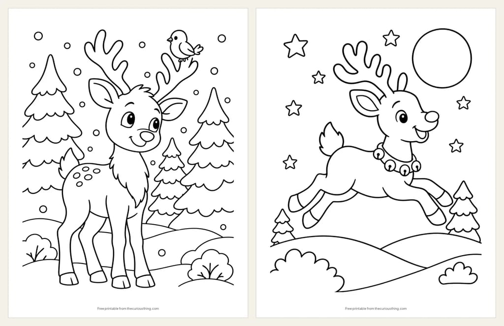 Two reindeer coloring pages: a reindeer in a pine forest with a bird on its antler, and a reindeer leaping over snowy hills under the moon