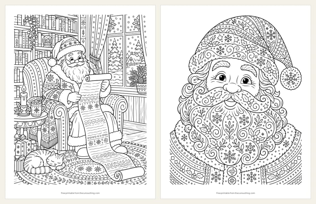 Two detailed Santa coloring pages: Santa in an armchair reading a long list beside a sleeping cat, and a Santa portrait filled with patterns