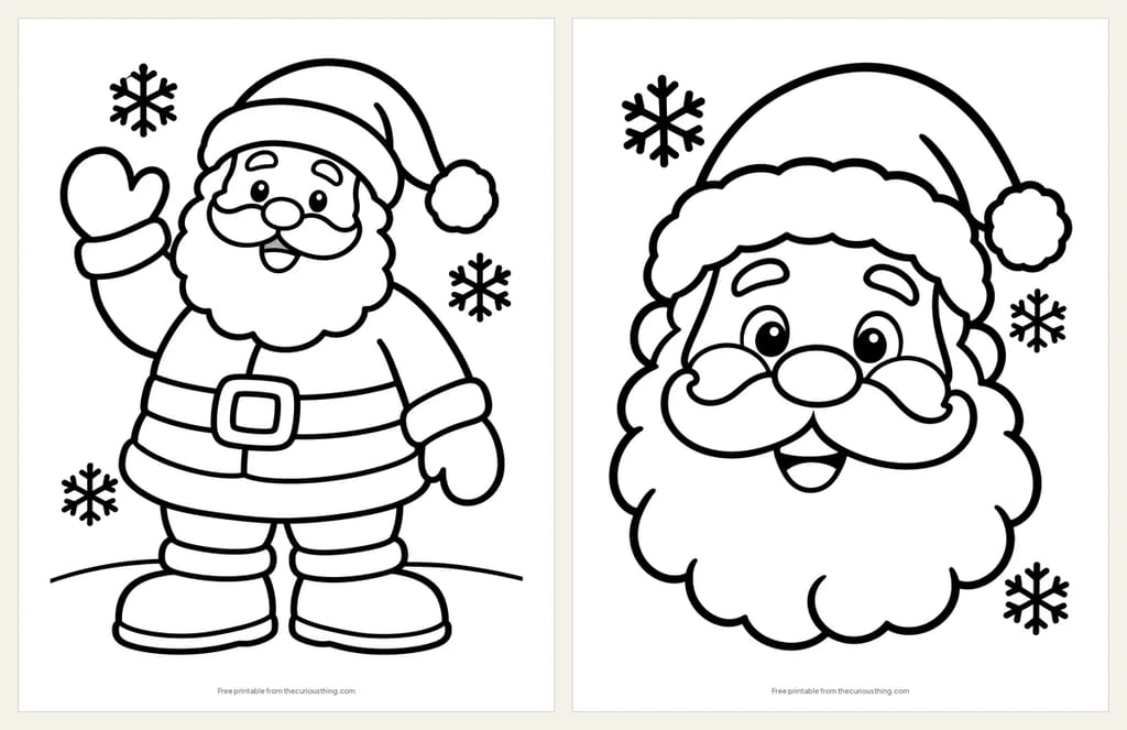 Two easy Santa coloring pages with thick outlines: Santa waving in the snow, and a big close-up of Santa’s smiling face