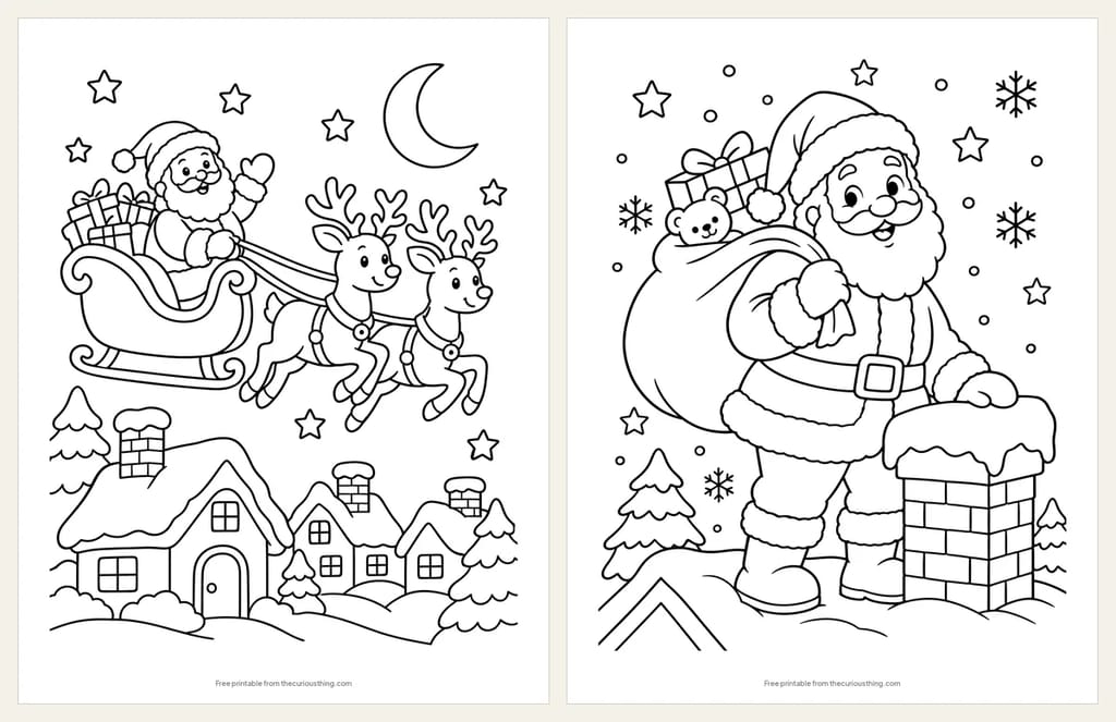 Two Santa coloring pages: Santa’s sleigh pulled by two reindeer over snowy rooftops, and Santa beside a chimney with a sack of presents