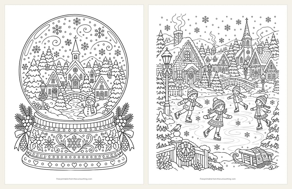 Two detailed winter coloring pages: a snow globe with a tiny village inside, and children ice skating on a village pond