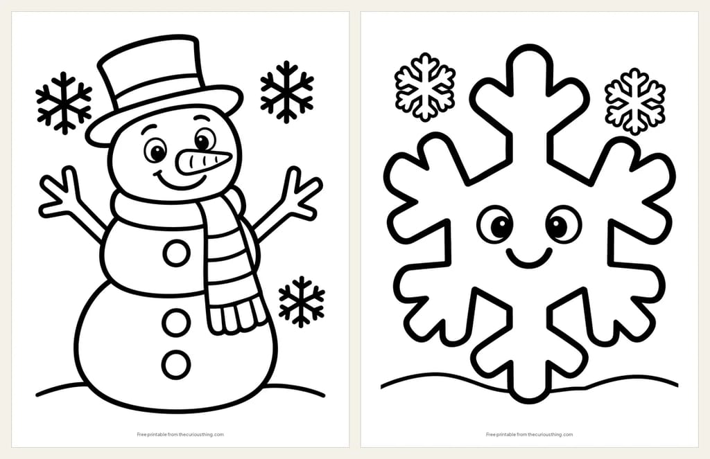 Two easy winter coloring pages: a snowman in a top hat and scarf, and one big smiling snowflake