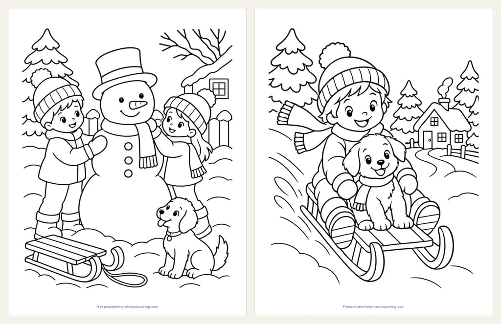 Two winter coloring pages: two children building a snowman with a puppy, and a child and a puppy sledding down a hill