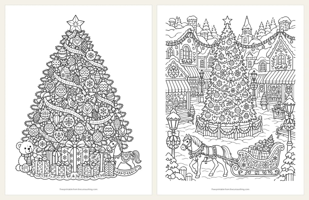 Two detailed Christmas tree coloring pages: a tall tree packed with patterned ornaments, and a giant tree in a snowy village square with a horse-drawn sleigh