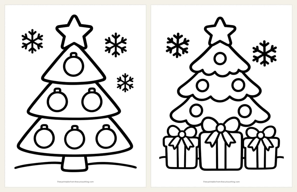 Two easy Christmas tree coloring pages: a tree of three triangles with a star and round ornaments, and a tree with three presents underneath