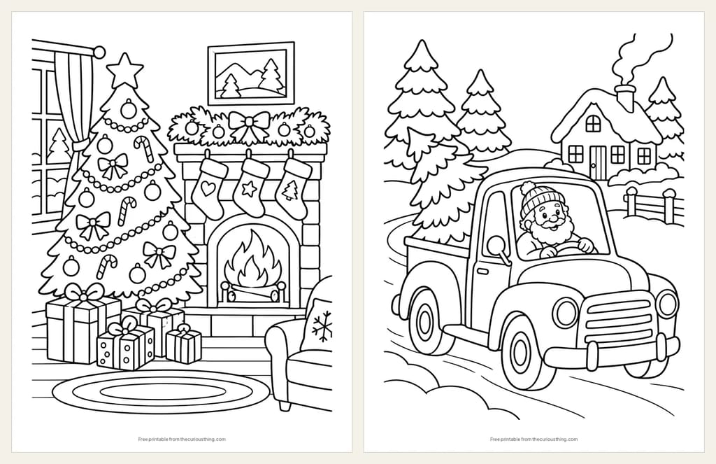 Two Christmas tree coloring pages: a tree beside a fireplace with stockings, and a grandpa driving a pickup truck with a tree in the back