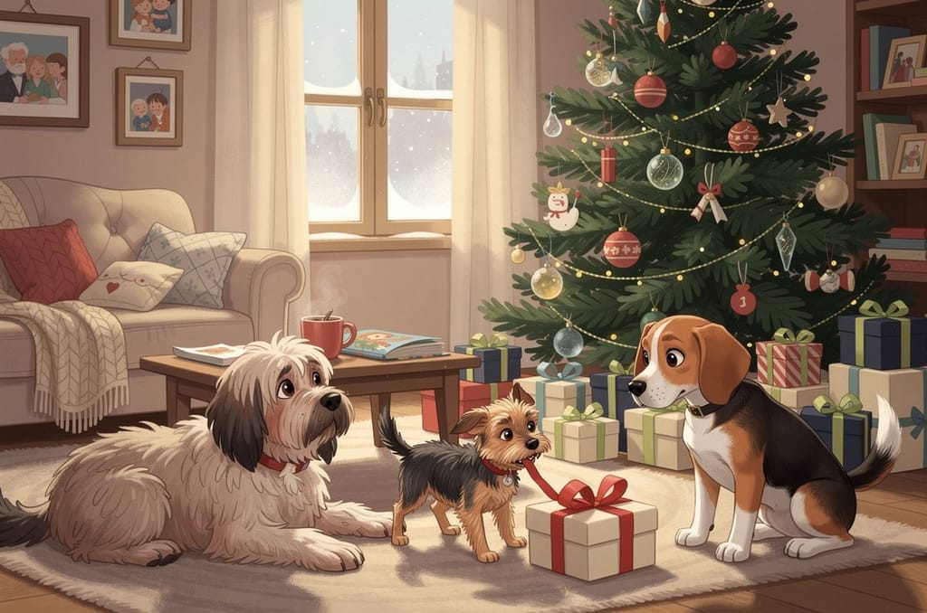 A big shaggy dog, a beagle and a small terrier beside a lit Christmas tree, the terrier tugging the ribbon on a wrapped present