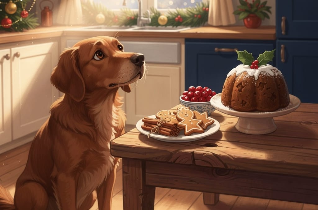 A golden-brown dog sitting beside a kitchen table laid with gingerbread cookies, cinnamon sticks, a bowl of cranberries and a Christmas pudding, nose raised toward the food