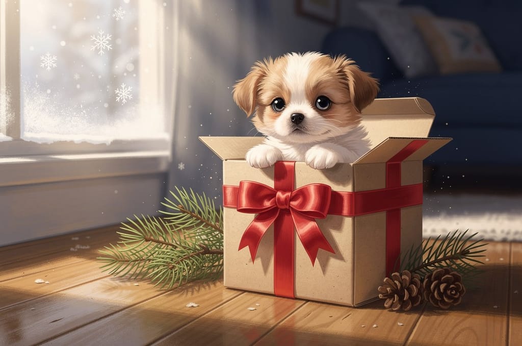 A small puppy peeking out of an open gift box tied with a red ribbon, in soft snowy morning light