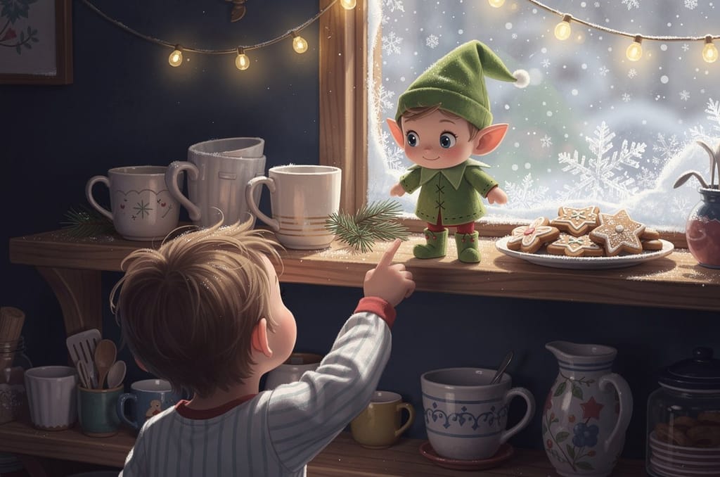 A small child in striped pajamas, seen from behind, pointing up at a green felt Christmas elf peeking out from a kitchen shelf beside gingerbread cookies on a snowy morning