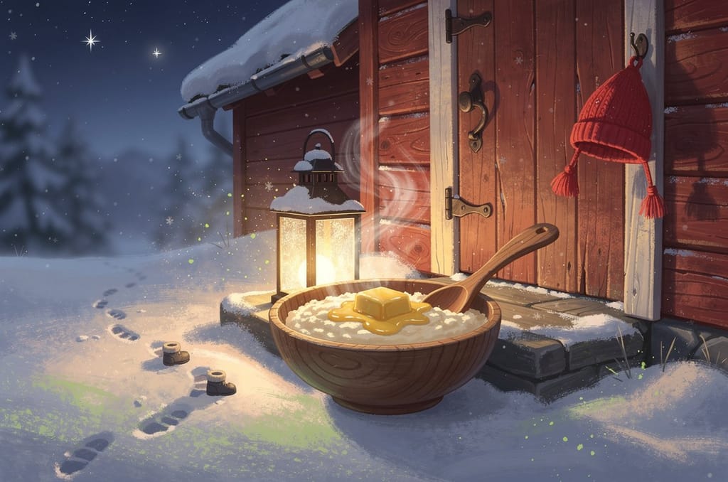 A wooden bowl of Christmas porridge with a knob of butter left on the snowy step of a red Scandinavian barn at dusk, with a lantern, tiny boot prints and a red elf cap on a nail