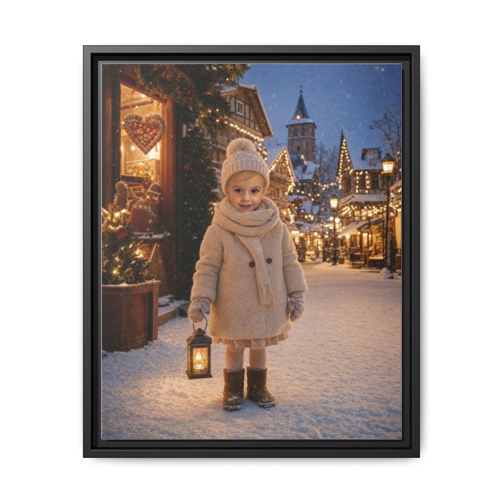 A framed canvas of a girl in a knitted bobble hat and scarf in a snowy Christmas village at twilight, the Christmas Village world from The Curious Thing