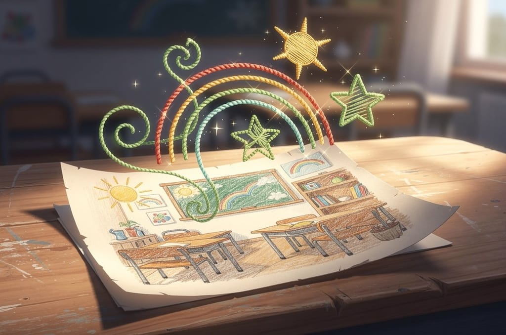 A child's crayon drawing of a classroom with its lines lifting off the paper and turning into glowing embroidery thread