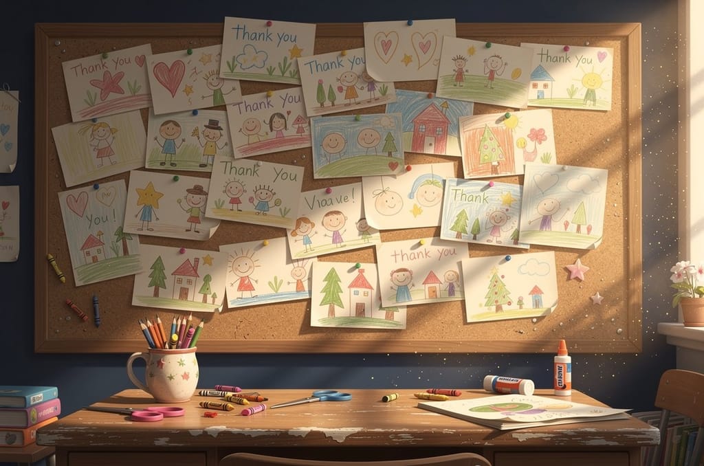 A stack of handwritten cards and crayon drawings pinned above a classroom desk in warm December light