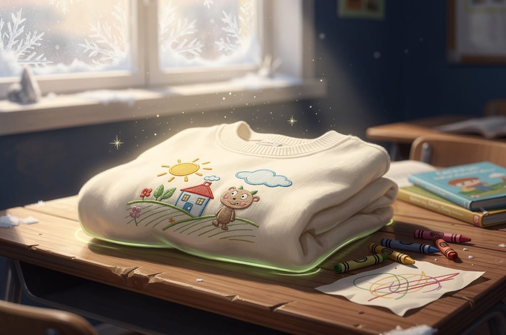 A folded sweatshirt on a classroom desk carrying a child's drawing stitched in colored thread