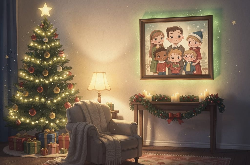 A framed family portrait in a warm illustrated art style hanging on a living room wall beside a decorated Christmas tree