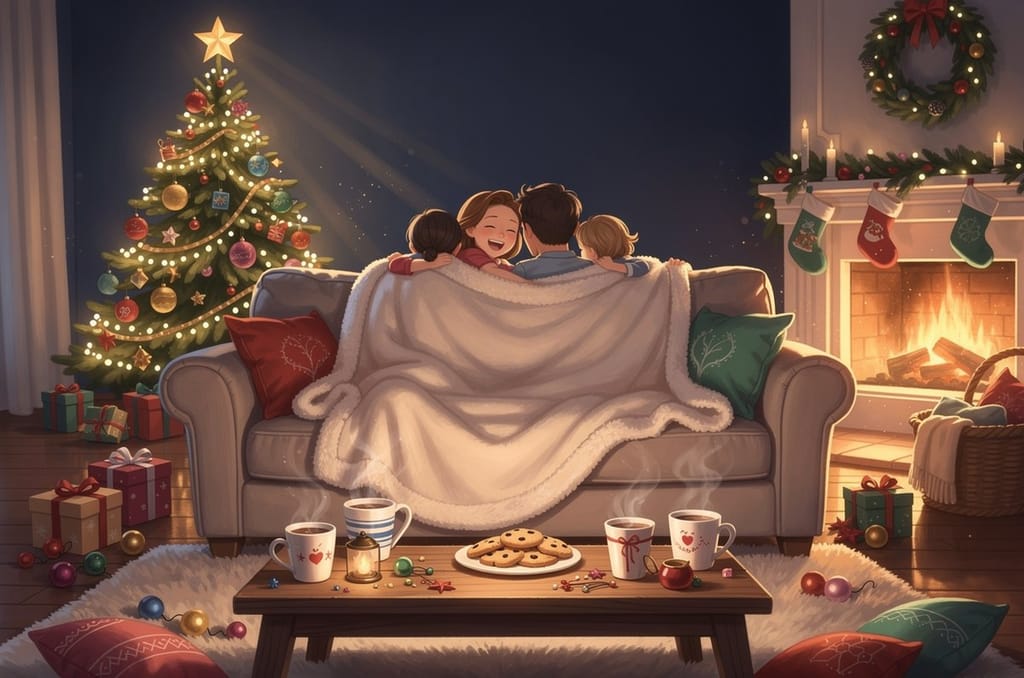 A family laughing together on a couch under a fleece blanket printed with their own illustrated family portrait