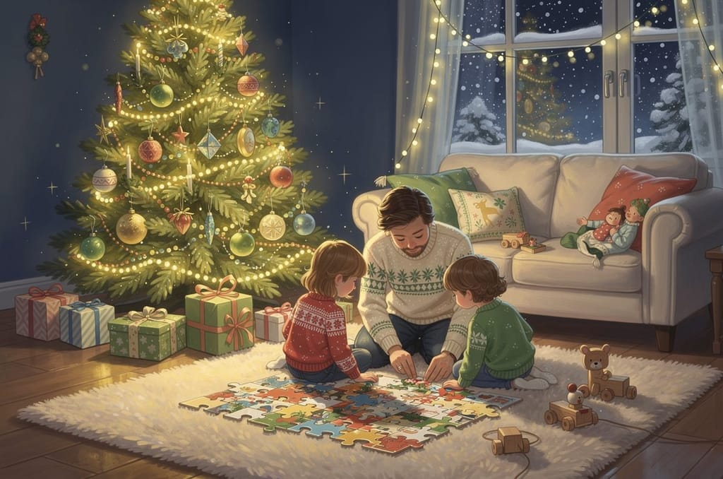 A family gathered on the floor by a lit Christmas tree building a jigsaw puzzle together, a shared family Christmas gift in progress