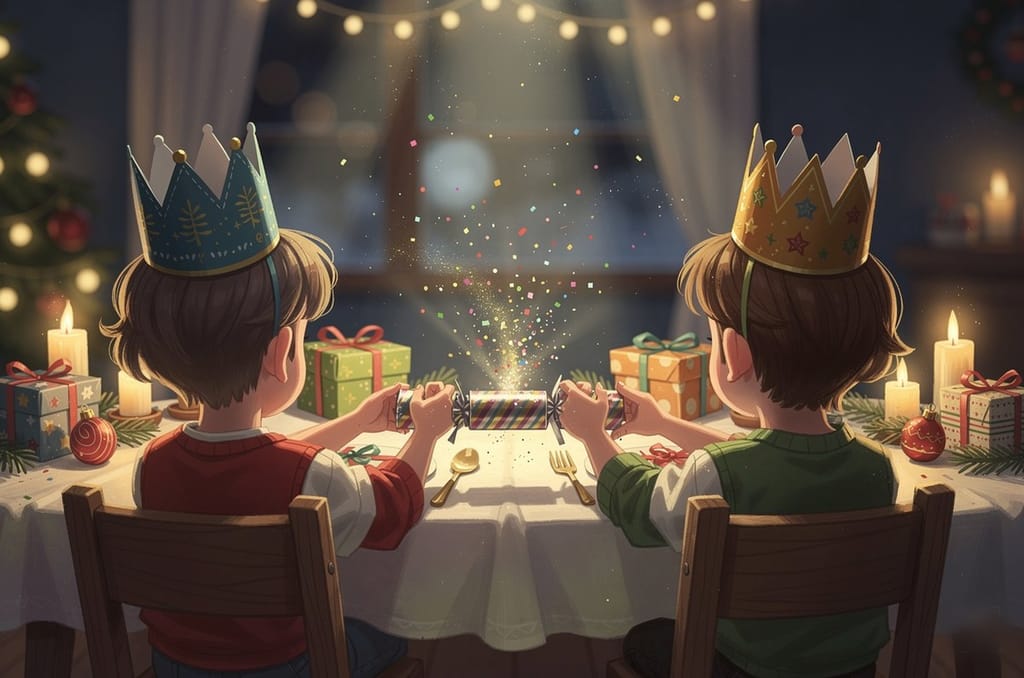 Two children seen from behind pulling a paper Christmas cracker across a table, wearing paper hats