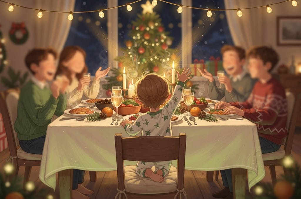 A child seen from behind at a Christmas dinner table, one arm raised mid-joke, while the family laughs under string lights