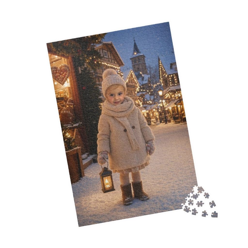 A finished 1,014-piece personalized puzzle of a small girl in a cream coat holding a lantern on a snowy Christmas village street, with loose pieces beside it