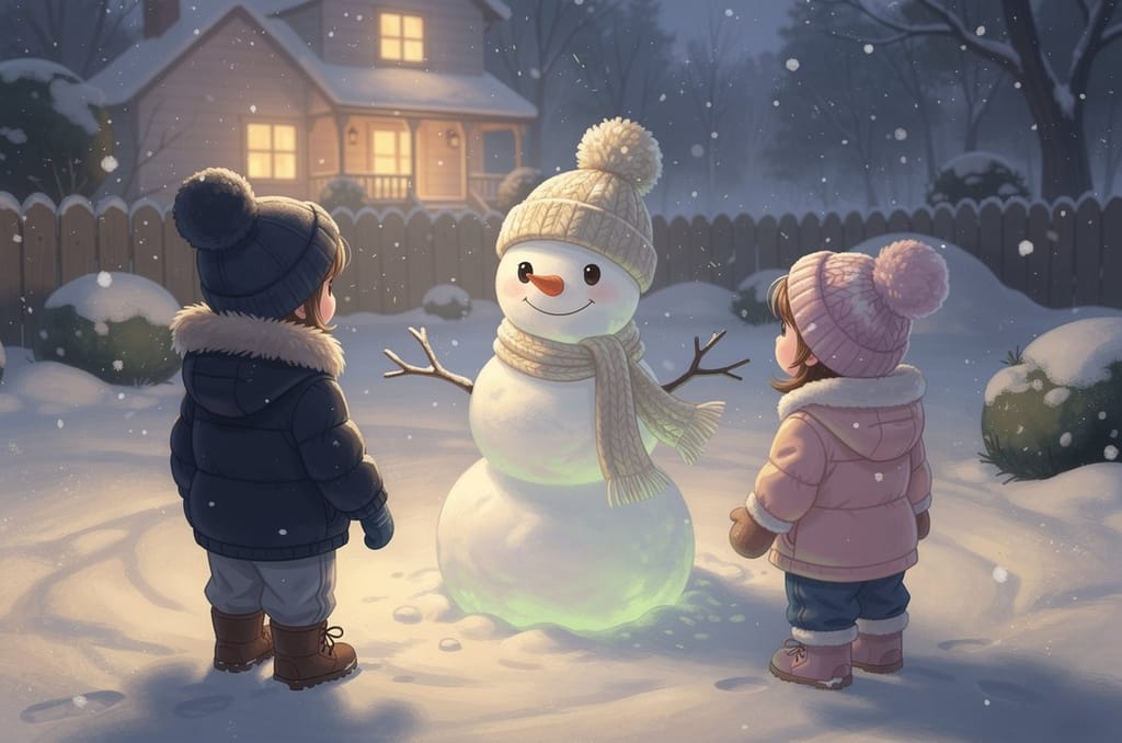 Two children seen from behind finishing a lopsided snowman with a carrot nose in a snowy backyard