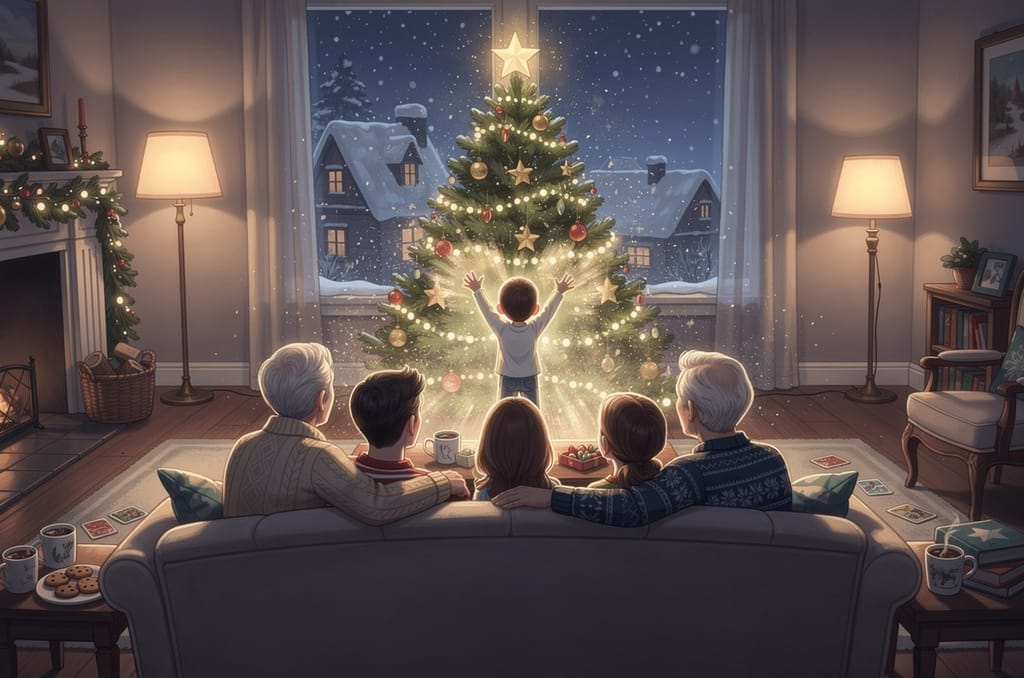 A family seen from behind playing charades in a living room, one child acting out a clue in front of a lit Christmas tree while grandparents and parents guess from the sofa