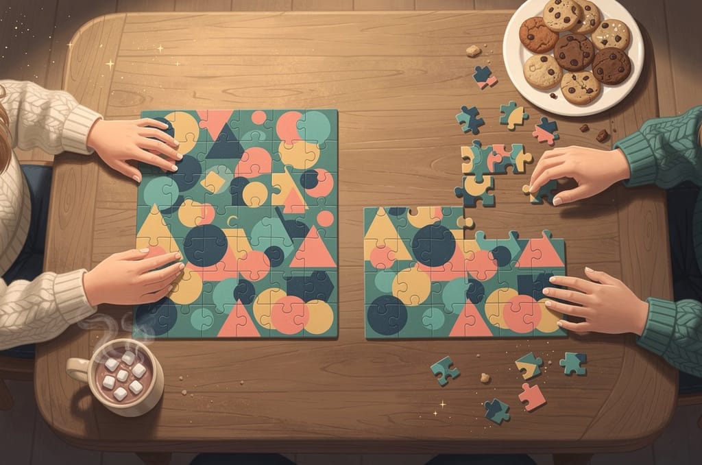 Two players' hands racing to finish matching abstract jigsaw puzzles on a wooden table beside a plate of cookies and a mug of cocoa