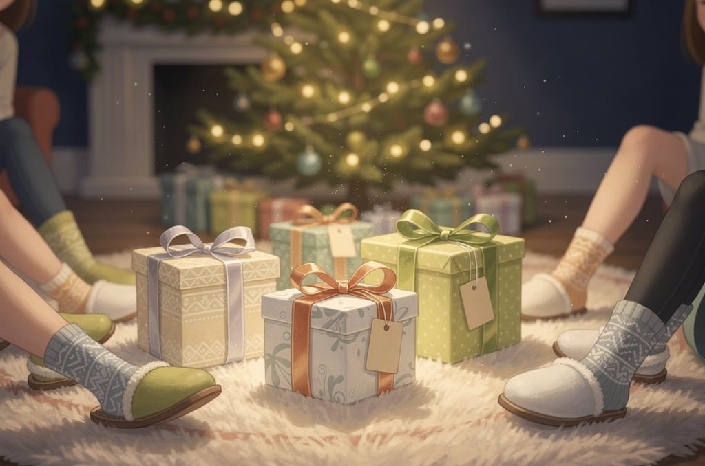 A circle of wrapped Christmas presents on a living room rug, with guests visible only from the knees down