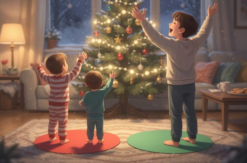 A family seen from behind in a living room, two children standing by a red paper circle on one side of the rug and a parent by a green circle on the other, a lit Christmas tree behind them