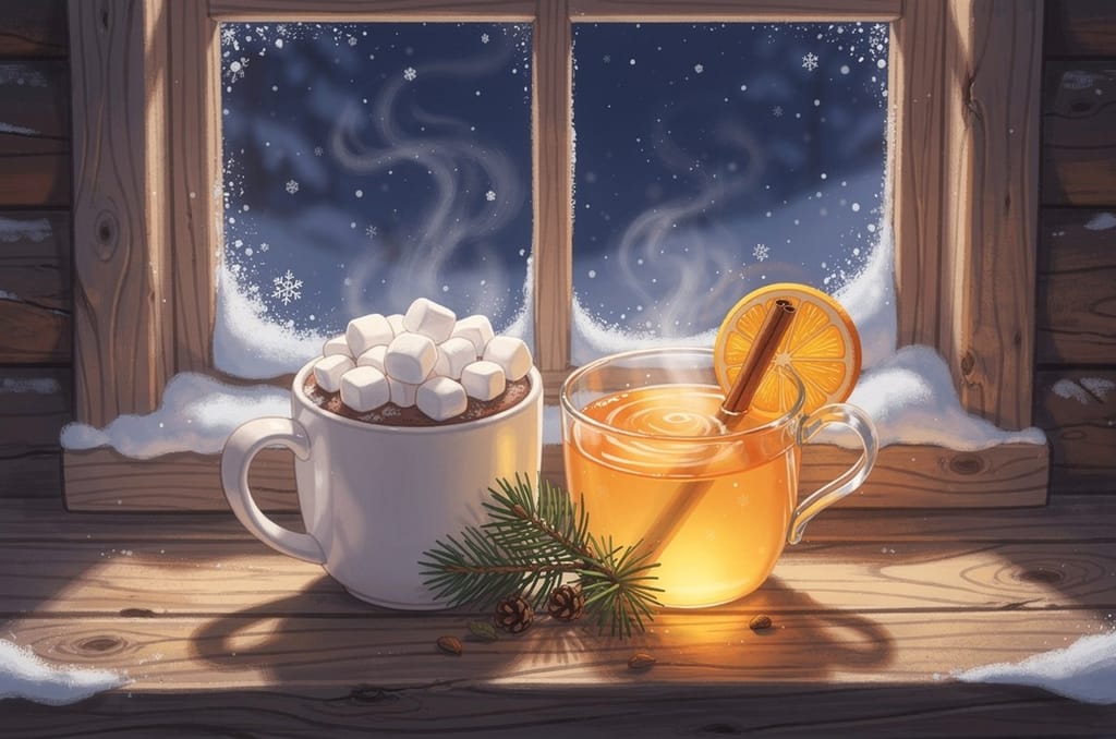 Two mugs on a snowy windowsill, one hot cocoa piled with marshmallows and one hot apple cider with a cinnamon stick