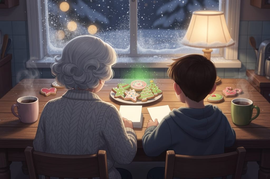 A grandparent and a teenager seen from behind at a kitchen table with a small stack of blank cards and a plate of Christmas cookies between them