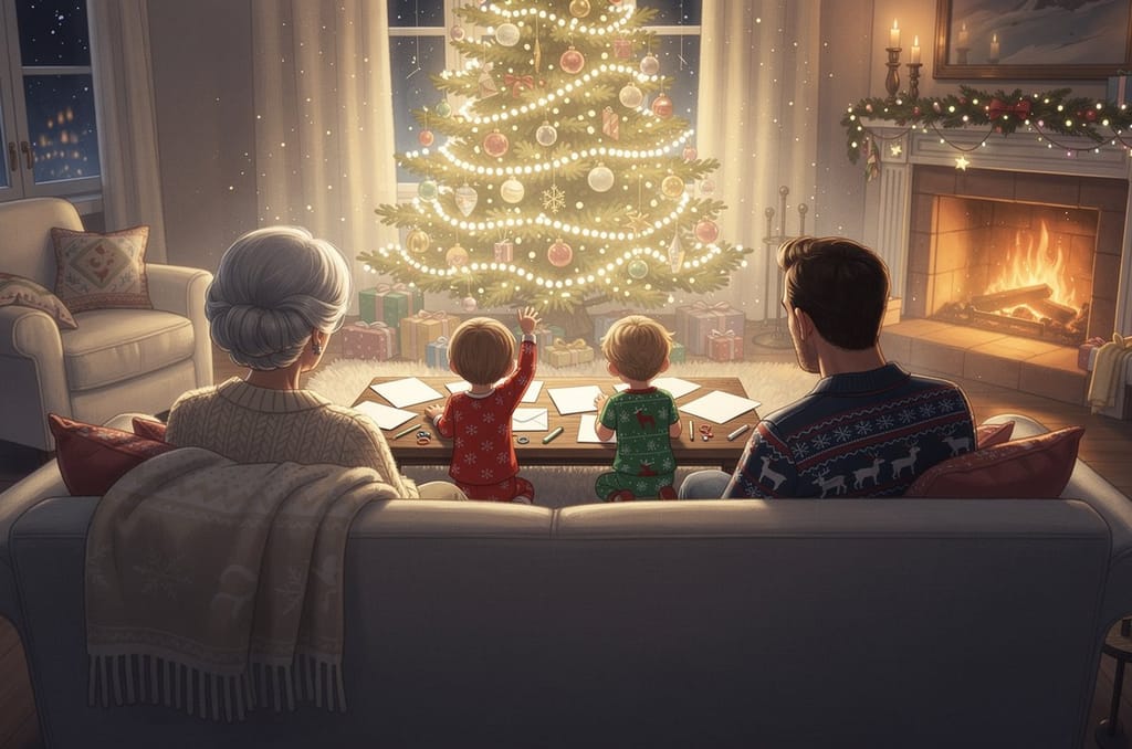 A family seen from behind on Christmas evening, a grandmother and father on the sofa and two children in pajamas at a coffee table covered in blank cards, facing a lit Christmas tree