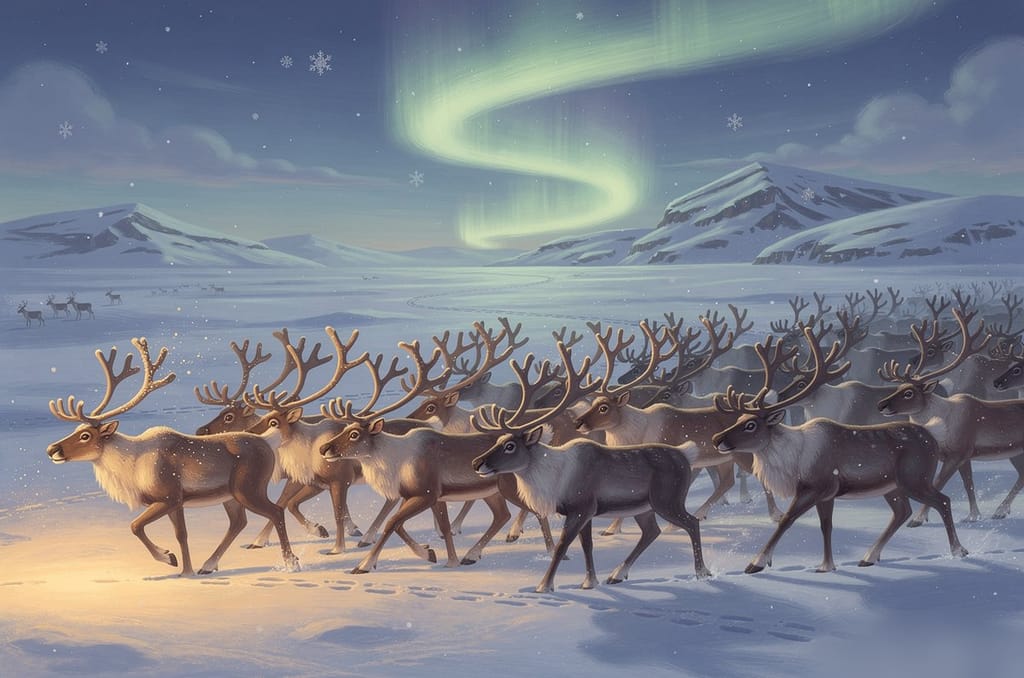A herd of brown reindeer, males and females both carrying antlers, walking across snowy Arctic tundra under a green aurora