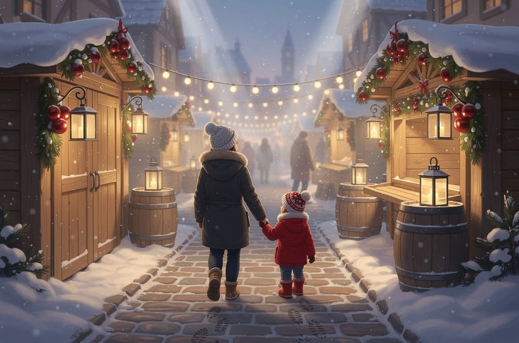 A parent and a small child in a red coat walking hand in hand down a snowy Christmas market lane lined with wooden stalls, lanterns and string lights