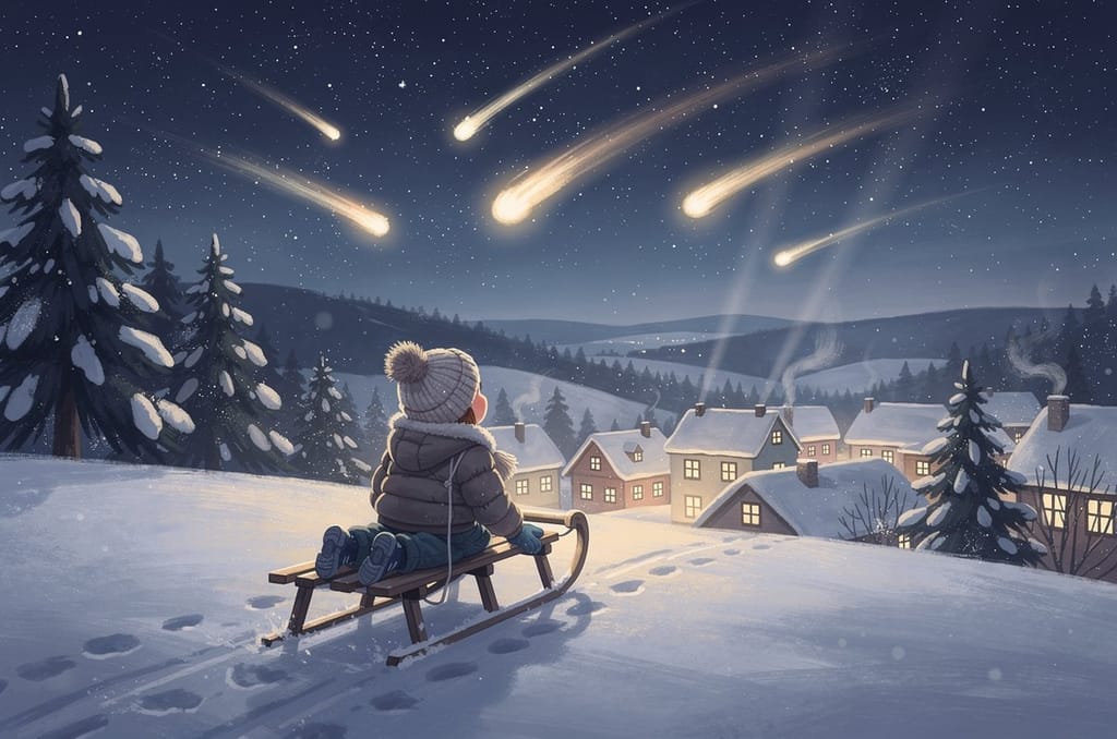 A child in a knitted hat sitting on a wooden sled on a snowy hilltop at night, seen from behind, watching meteors streak over a snowy village