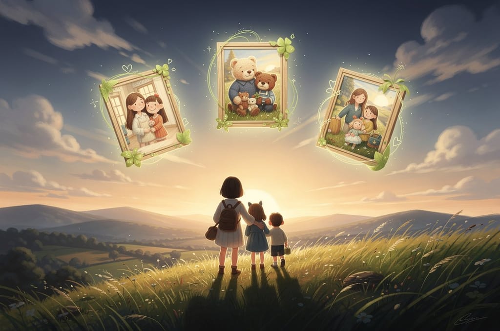 A family seen from behind on a grassy hill, looking up at floating storybook-art worlds rendered in wool, clay, cut-paper and paint, the idea behind a custom family portrait