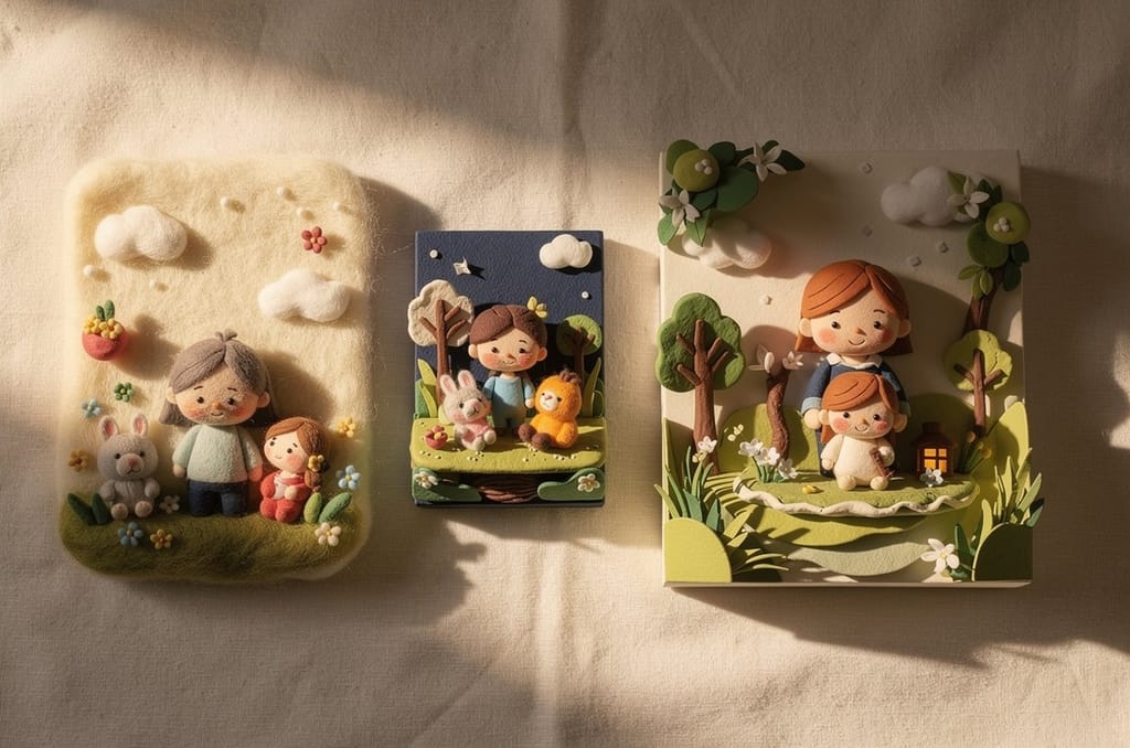 Three handcraft versions of a family portrait displayed side by side: a needle-felted wool scene, a clay diorama, and a layered cut-paper collage