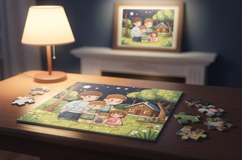 A personalized family-portrait jigsaw puzzle half assembled on a table in warm lamplight, with loose pieces beside it and the finished framed puzzle on the mantel behind