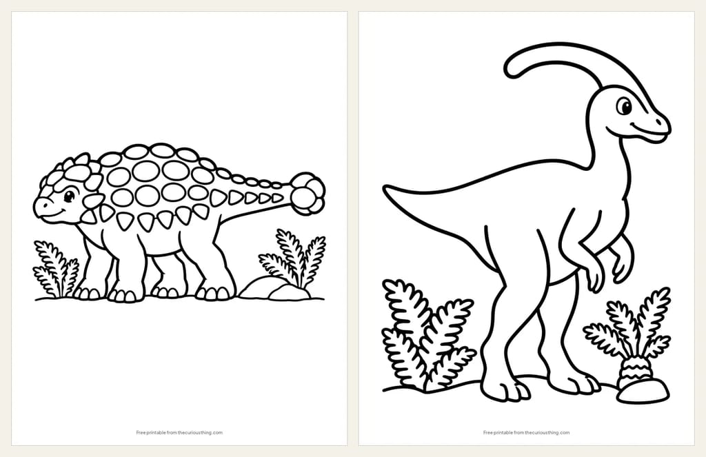 Two easy coloring pages: an Ankylosaurus with bony bumps and a tail club, and a Parasaurolophus with a long curved crest